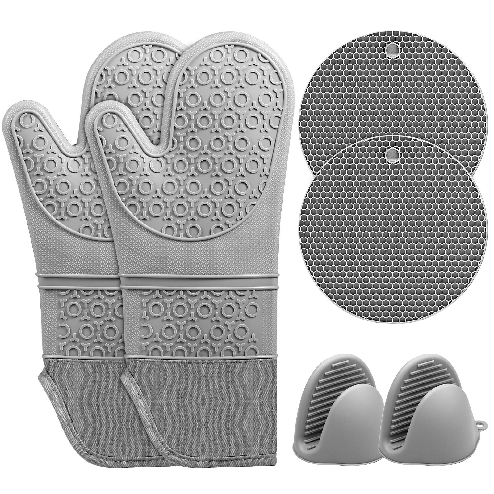 KWORK Extra Long Oven Mitts and Pot Holders 6pcs Sets,Silicone Oven Mitts with Cotton Lining,7 inch Inch Diameter Pot Holders,Mini Oven Gloves for Cooking & Baking, Gray, One Size