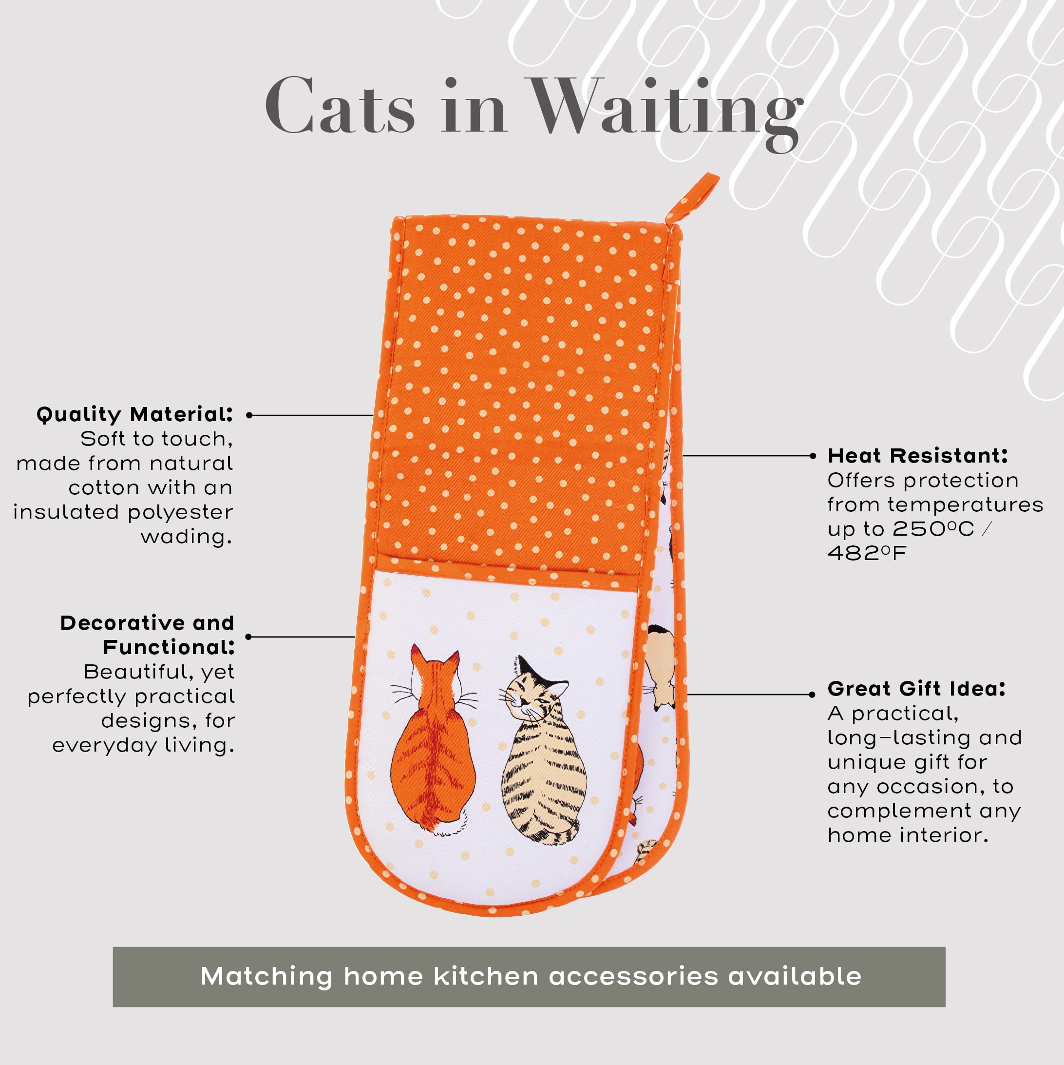 Ulster Weavers Double Oven Glove - Heat Resistant, 100% Cotton & Polyester, Machine Washable - Perfect for Cooking, Baking and Serving, Animal Theme, Cats in Waiting, Orange