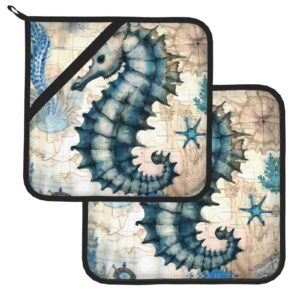pot holders set of 2, ocean world sea animals seahorse heat resistant kitchen non slip printed cooking barbecue baking microwave