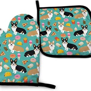 QISHUI Cute Corgi Oven Mitts and Pot Holders Kitchen Set Heat Resistant Cooking Baking BBQ Mitts