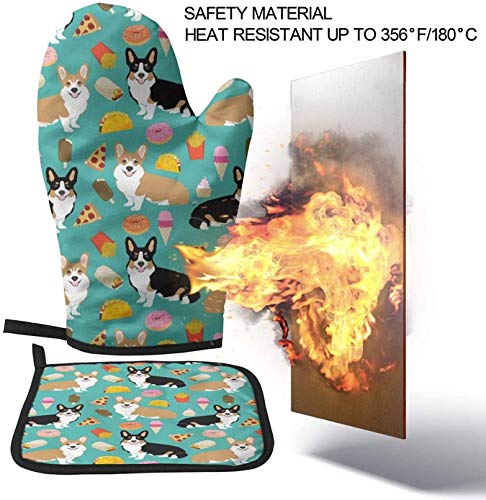 QISHUI Cute Corgi Oven Mitts and Pot Holders Kitchen Set Heat Resistant Cooking Baking BBQ Mitts