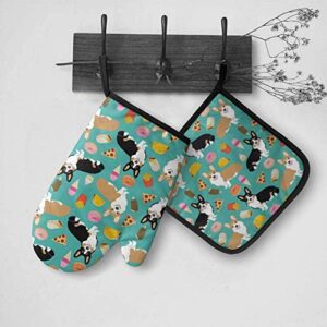 QISHUI Cute Corgi Oven Mitts and Pot Holders Kitchen Set Heat Resistant Cooking Baking BBQ Mitts