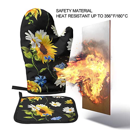 Sunflowers Chamomile Cornflowers Oven Mitt 11'' X 6.2'' and Pot Holder 8'' X 8'' Kitchen Gift Sets Heat Resistant Reusable Kitchen Oven Mitts and Pot Holders for Baking BBQ Cooking