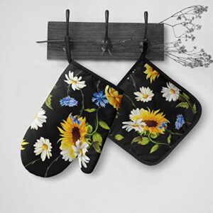 Sunflowers Chamomile Cornflowers Oven Mitt 11'' X 6.2'' and Pot Holder 8'' X 8'' Kitchen Gift Sets Heat Resistant Reusable Kitchen Oven Mitts and Pot Holders for Baking BBQ Cooking