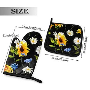 Sunflowers Chamomile Cornflowers Oven Mitt 11'' X 6.2'' and Pot Holder 8'' X 8'' Kitchen Gift Sets Heat Resistant Reusable Kitchen Oven Mitts and Pot Holders for Baking BBQ Cooking