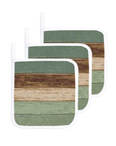 pot holders set of 3 pcs heat-resistant hot pads mats with hanging loop, imitation wood grain vintage sage green washable potholder for cooking baking kitchen, 8.26"x8.26"