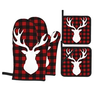 deer buffalo plaid christmas 4pcs oven mitts and pot holders sets kitchen high heat resistant non slip oven glove for cooking bbq baking grilling