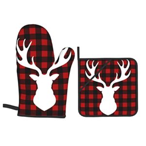 Deer Buffalo Plaid Christmas 4pcs Oven Mitts and Pot Holders Sets Kitchen High Heat Resistant Non Slip Oven Glove for Cooking BBQ Baking Grilling