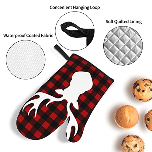 Deer Buffalo Plaid Christmas 4pcs Oven Mitts and Pot Holders Sets Kitchen High Heat Resistant Non Slip Oven Glove for Cooking BBQ Baking Grilling