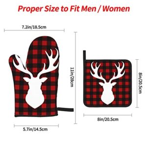 Deer Buffalo Plaid Christmas 4pcs Oven Mitts and Pot Holders Sets Kitchen High Heat Resistant Non Slip Oven Glove for Cooking BBQ Baking Grilling