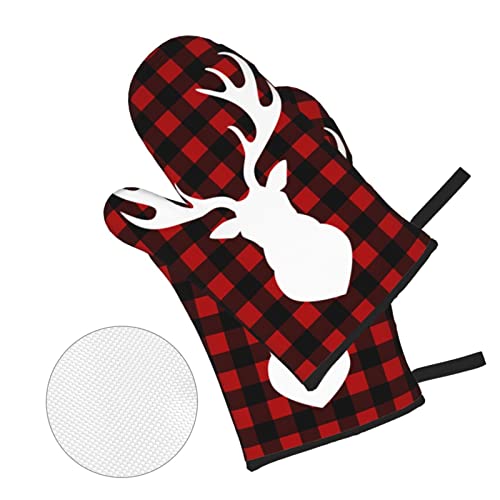 Deer Buffalo Plaid Christmas 4pcs Oven Mitts and Pot Holders Sets Kitchen High Heat Resistant Non Slip Oven Glove for Cooking BBQ Baking Grilling