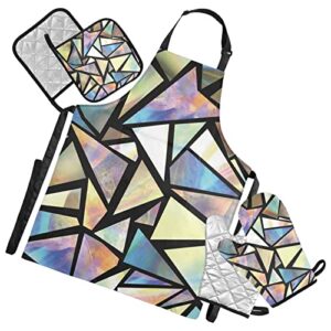 xigua kitchen linen sets iridescent triangles abstract cooking apron, 2 potholders, 2 oven mitts, kitchen accessories for cook men women chef decor