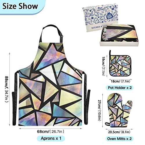 xigua Kitchen Linen Sets Iridescent Triangles Abstract Cooking Apron, 2 Potholders, 2 Oven Mitts, Kitchen Accessories for Cook Men Women Chef Decor