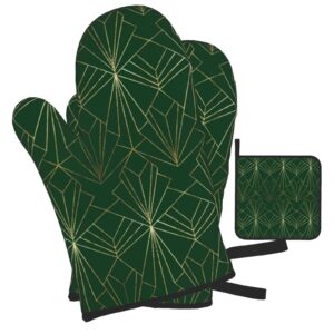 oven mitts and pot holders sets of 3,art deco on emerald green resistant hot pads with polyester non-slip bbq gloves for kitchen,cooking