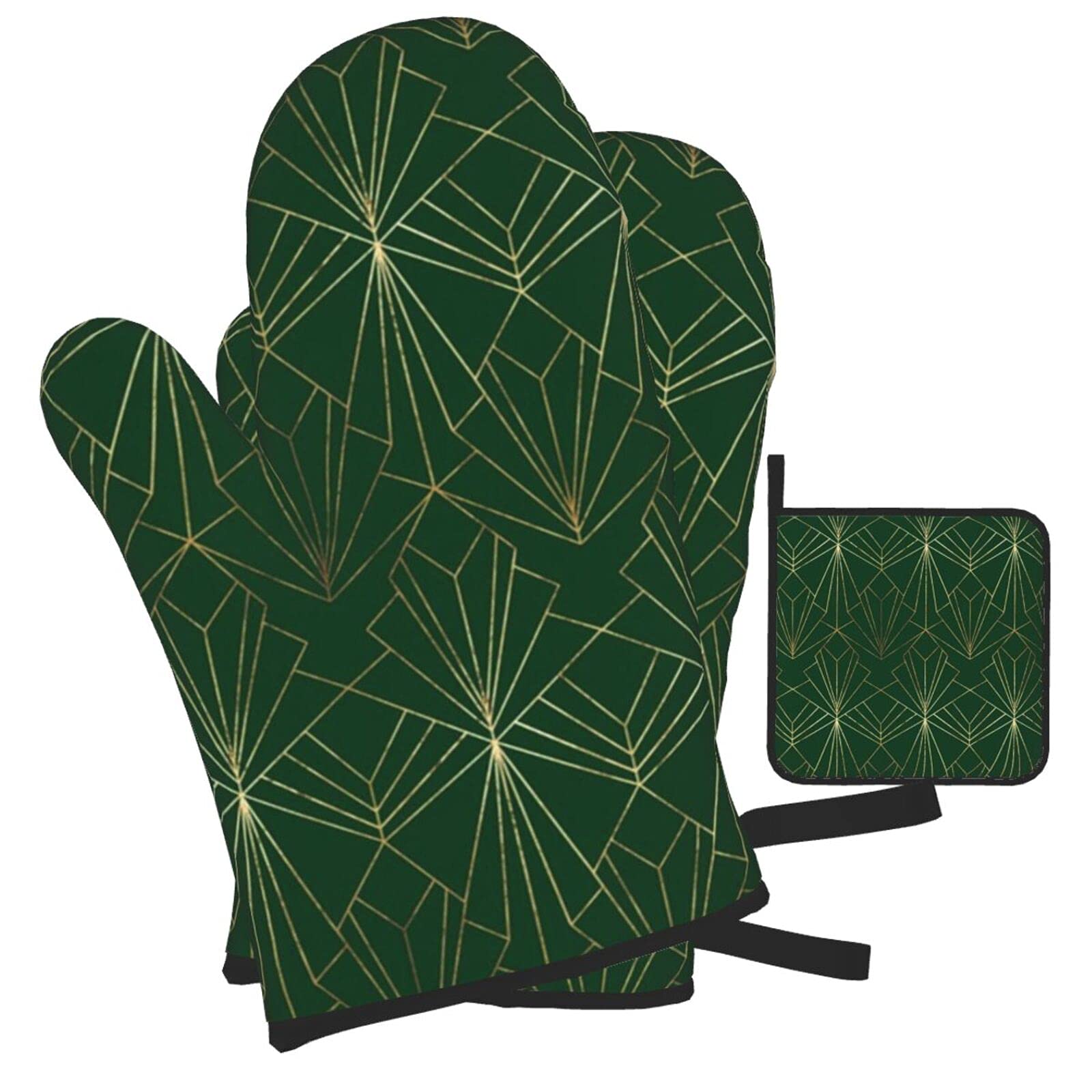 Oven Mitts and Pot Holders Sets of 3,Art Deco On Emerald Green Resistant Hot Pads with Polyester Non-Slip BBQ Gloves for Kitchen,Cooking