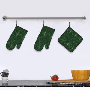 Oven Mitts and Pot Holders Sets of 3,Art Deco On Emerald Green Resistant Hot Pads with Polyester Non-Slip BBQ Gloves for Kitchen,Cooking