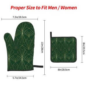 Oven Mitts and Pot Holders Sets of 3,Art Deco On Emerald Green Resistant Hot Pads with Polyester Non-Slip BBQ Gloves for Kitchen,Cooking