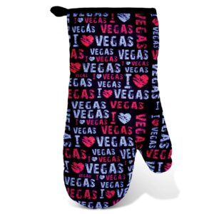 Puzzled Pot Holder & Oven Mitt Set I Love Vegas Kitchen Accessory Potholder Heat Resistant Non-Slip Grip Cooking Glove Machine Washable Baking Grilling BBQ Decorative Novelty Polyester Mitten Pink