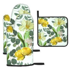 spring flowers roses oven mitts and pot holders sets of 3,kitchen gift heat resistant non slip hot pads & oven mitts set for cooking bbq grilling baking