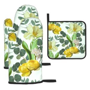 Spring Flowers Roses Oven Mitts and Pot Holders Sets of 3,Kitchen Gift Heat Resistant Non Slip Hot Pads & Oven Mitts Set for Cooking BBQ Grilling Baking