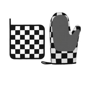 oven mitts and potholders black white racing dots silicone glove heat resistant, kitchen gloves for cooking, 2-piece set