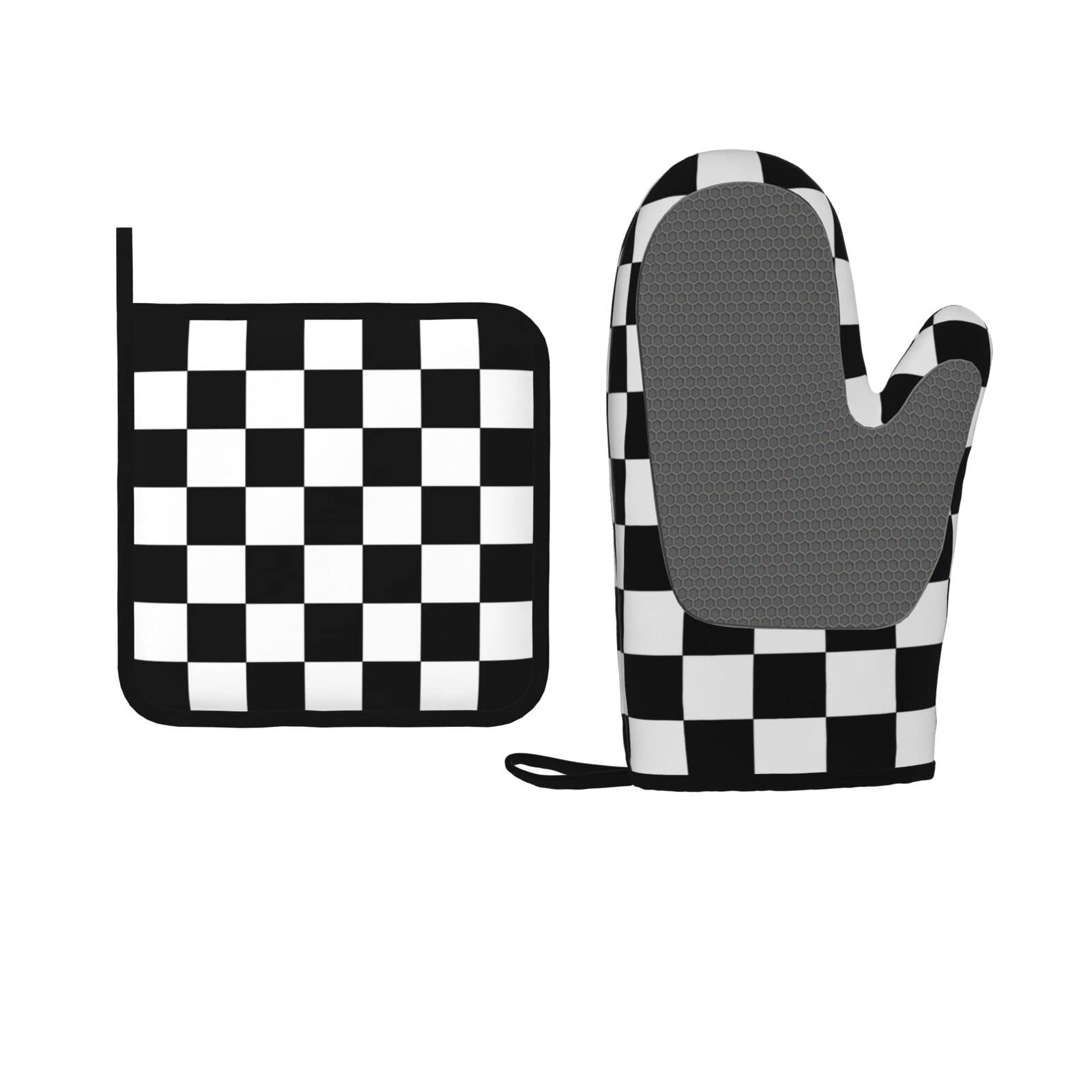 Oven Mitts and Potholders Black White Racing Dots Silicone Glove Heat Resistant, Kitchen Gloves for Cooking, 2-Piece Set