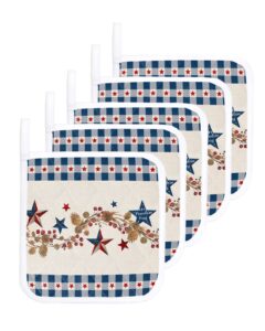 4th of july pot holders for kitchen heat insulation, blue plaid red star independence day potholders hot pads with hanging loop, washable oven mitts pot holder trivet for cooking baking 5 pack