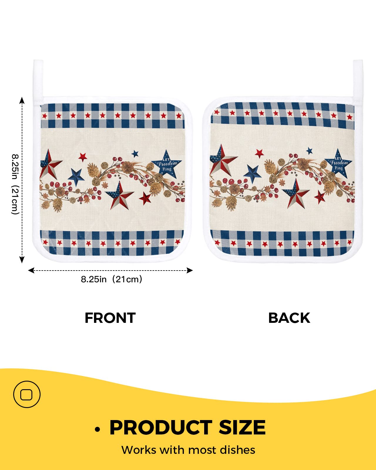 4th of July Pot Holders for Kitchen Heat Insulation, Blue Plaid Red Star Independence Day Potholders Hot Pads with Hanging Loop, Washable Oven Mitts Pot Holder Trivet for Cooking Baking 5 Pack