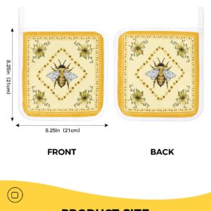 Retro Farm Honeybee Sunflower Potholders for Kitchen Set of 4, Heat Proof Pot Holder Vintage Yellow Washable Oven Hot Pads Potholder for Cooking Baking