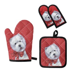 disnimo christmas westie oven mitts and pot holders sets,kitchen oven glove heat resistant hot handle covers, cast iron skillet handle covers, pot pan handle covers for baking, cooking, bbq