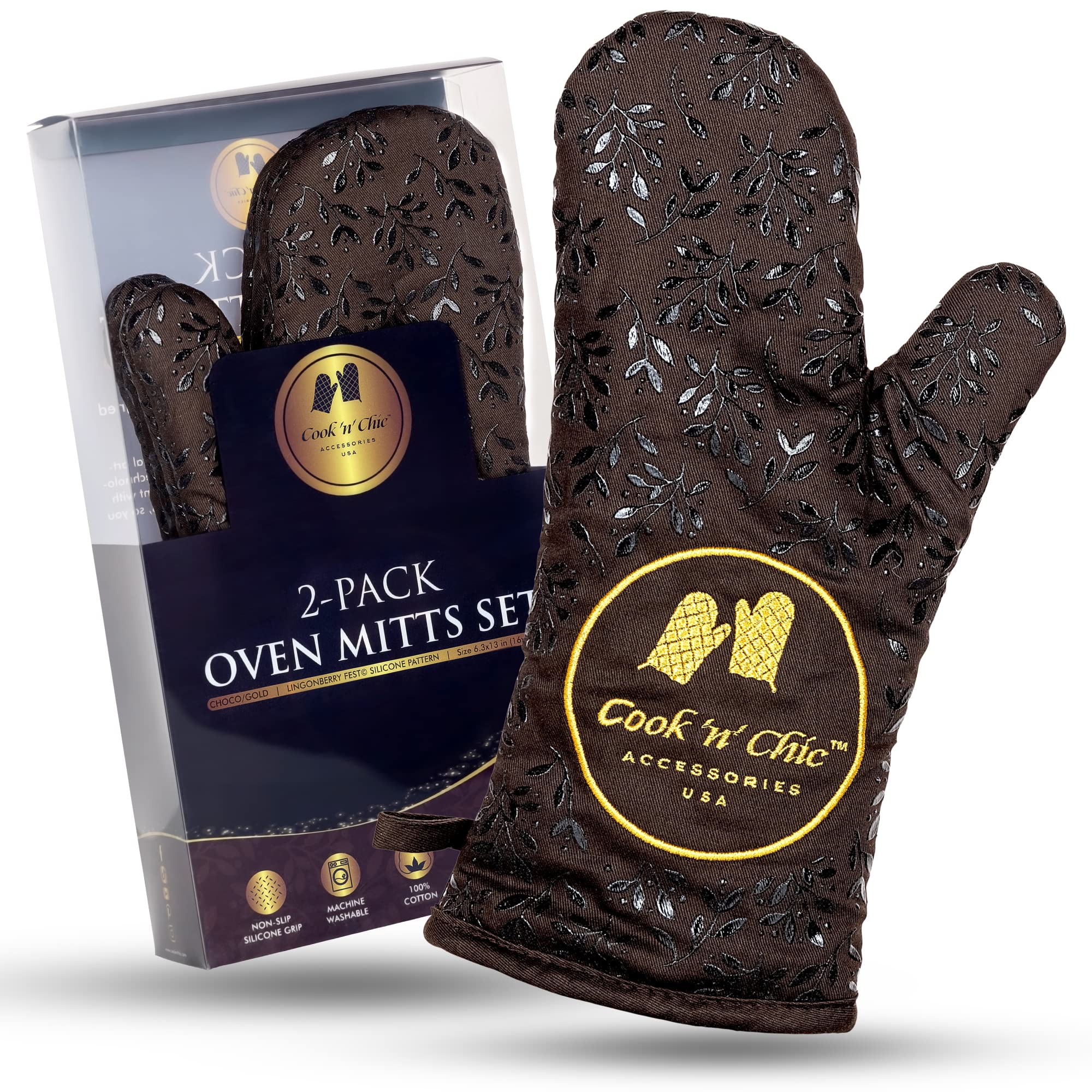 Premium Oven Mitts and Pot Holders - 500°F Heat Resistant - Non Slip Textured Grip - Flexible Soft Terry Cloth Cotton Lining