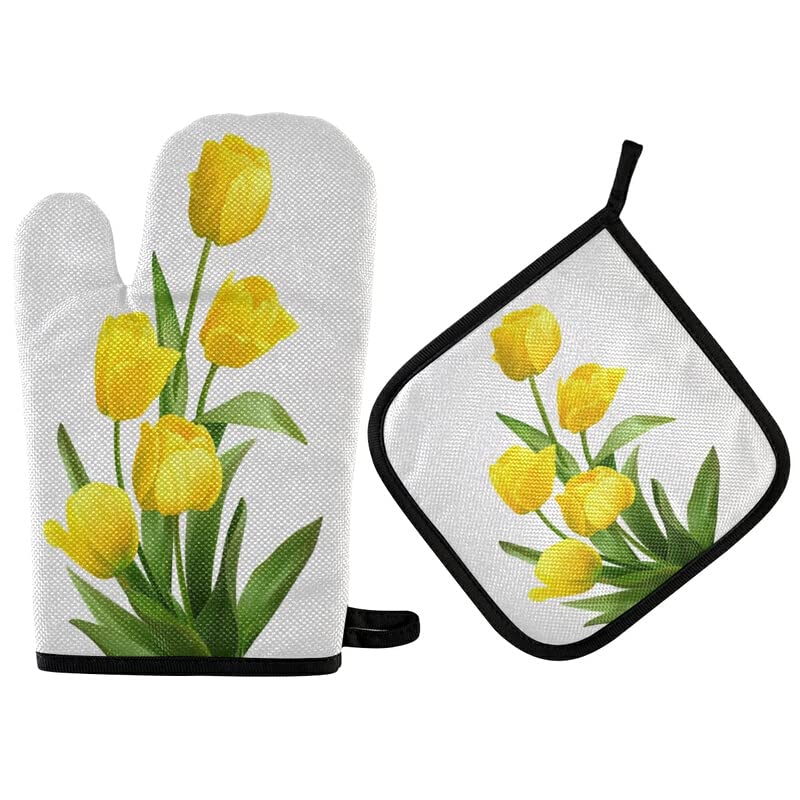 Spring Yellow Tulips Oven Mitts Pot Holder Set Bouquet Flowers Kitchen Decor Cooking Stove Gloves Heat Resistant Hot Pads Recycled for BBQ Baking Grilling