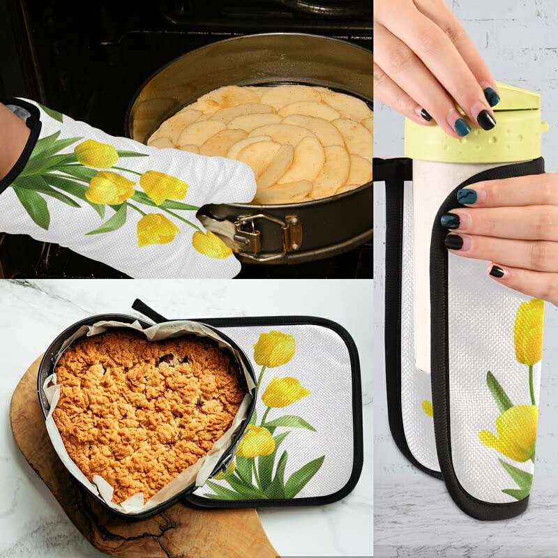 Spring Yellow Tulips Oven Mitts Pot Holder Set Bouquet Flowers Kitchen Decor Cooking Stove Gloves Heat Resistant Hot Pads Recycled for BBQ Baking Grilling