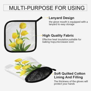 Spring Yellow Tulips Oven Mitts Pot Holder Set Bouquet Flowers Kitchen Decor Cooking Stove Gloves Heat Resistant Hot Pads Recycled for BBQ Baking Grilling