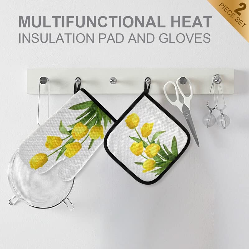 Spring Yellow Tulips Oven Mitts Pot Holder Set Bouquet Flowers Kitchen Decor Cooking Stove Gloves Heat Resistant Hot Pads Recycled for BBQ Baking Grilling