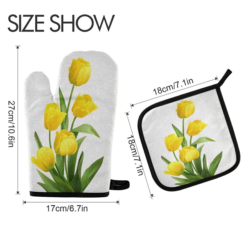 Spring Yellow Tulips Oven Mitts Pot Holder Set Bouquet Flowers Kitchen Decor Cooking Stove Gloves Heat Resistant Hot Pads Recycled for BBQ Baking Grilling