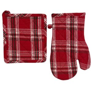 serafina home kitchen pot holder oven mitt set: red tartan cotton flat weave with easy hang fabric loops (red tartan pot holders)