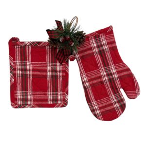 Serafina Home Kitchen Pot Holder Oven Mitt Set: Red Tartan Cotton Flat Weave with Easy Hang Fabric Loops (Red Tartan Pot Holders)