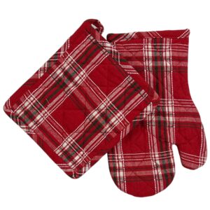 Serafina Home Kitchen Pot Holder Oven Mitt Set: Red Tartan Cotton Flat Weave with Easy Hang Fabric Loops (Red Tartan Pot Holders)