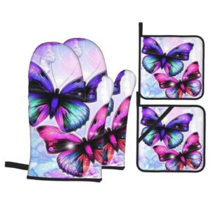 4-piece oven glove and pot holder,purple butterfly (2),heat-resistant oven glove and pot holder,can be used for cooking and grilling