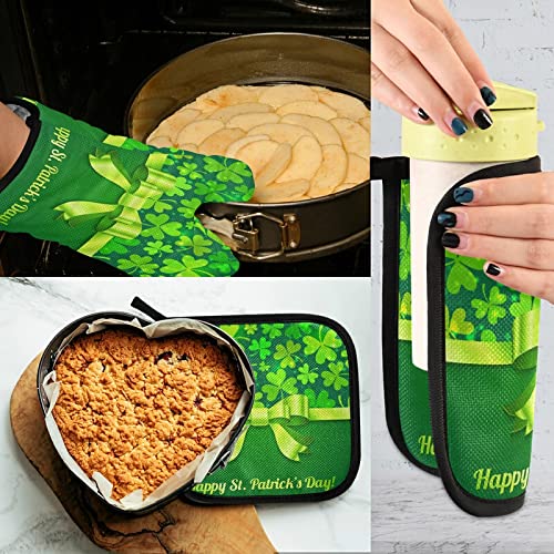 Green Saint Patrick's Day Ribbon Oven Mitts Pot Holder Sets 2pcs Spring Shamrock Leaves Non-Slip Kitchen Heat Resistant Hot Pads for Women Cooking Gloves Baking Wear BBQ