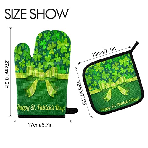 Green Saint Patrick's Day Ribbon Oven Mitts Pot Holder Sets 2pcs Spring Shamrock Leaves Non-Slip Kitchen Heat Resistant Hot Pads for Women Cooking Gloves Baking Wear BBQ