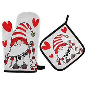 mother's day gnome hearts oven mitts pot holder sets 2pcs love you non-slip kitchen heat resistant hot pads for women cooking gloves baking wear bbq