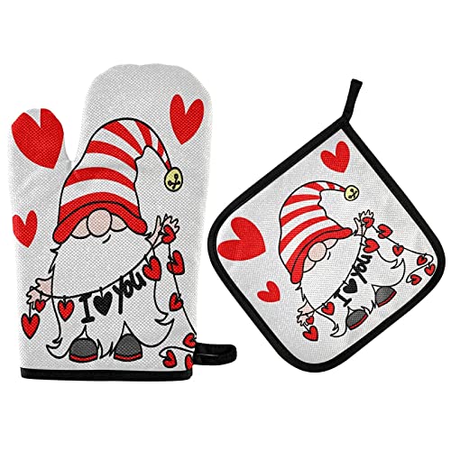 Mother's Day Gnome Hearts Oven Mitts Pot Holder Sets 2pcs Love You Non-Slip Kitchen Heat Resistant Hot Pads for Women Cooking Gloves Baking Wear BBQ