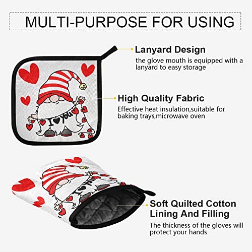 Mother's Day Gnome Hearts Oven Mitts Pot Holder Sets 2pcs Love You Non-Slip Kitchen Heat Resistant Hot Pads for Women Cooking Gloves Baking Wear BBQ