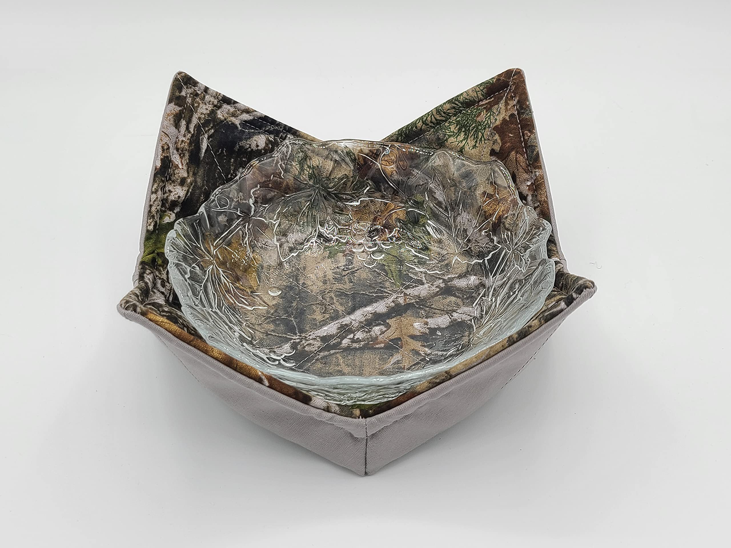 Camouflage Microwave Bowl Cozy Camo Reversible Microwaveable Potholder Timber Oak Leaf Bowl Buddy Hunt Lodge Man Cave Country Cabin Real Tree Manly Kitchen Linens Handmade Guy Gifts Under 10