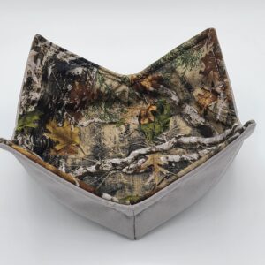 Camouflage Microwave Bowl Cozy Camo Reversible Microwaveable Potholder Timber Oak Leaf Bowl Buddy Hunt Lodge Man Cave Country Cabin Real Tree Manly Kitchen Linens Handmade Guy Gifts Under 10