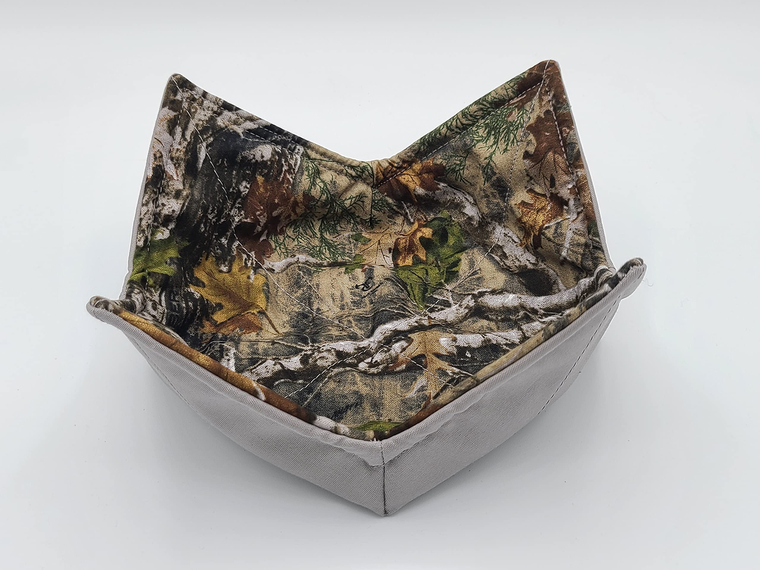 Camouflage Microwave Bowl Cozy Camo Reversible Microwaveable Potholder Timber Oak Leaf Bowl Buddy Hunt Lodge Man Cave Country Cabin Real Tree Manly Kitchen Linens Handmade Guy Gifts Under 10