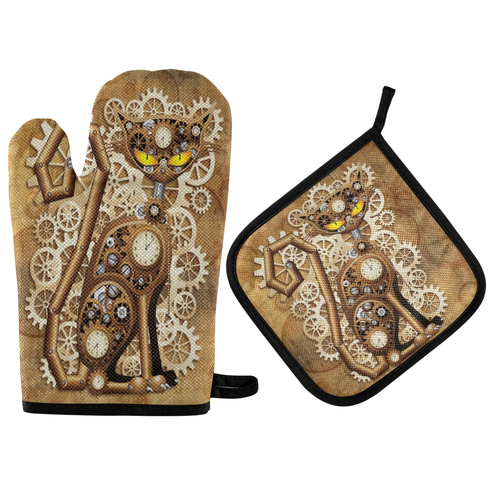 Aslsiy Steampunk Cat Oven Mitts Pot Holders Vintage Style Kittens Oven Glove Hot Pads Cooking Kitchen Heat Resistant Hot Pads for Microwave BBQ Baking Grilling Gifts