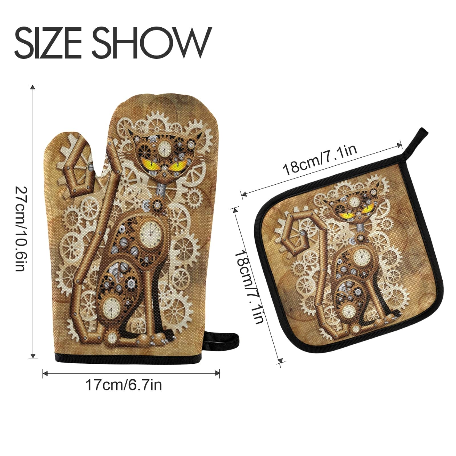 Aslsiy Steampunk Cat Oven Mitts Pot Holders Vintage Style Kittens Oven Glove Hot Pads Cooking Kitchen Heat Resistant Hot Pads for Microwave BBQ Baking Grilling Gifts